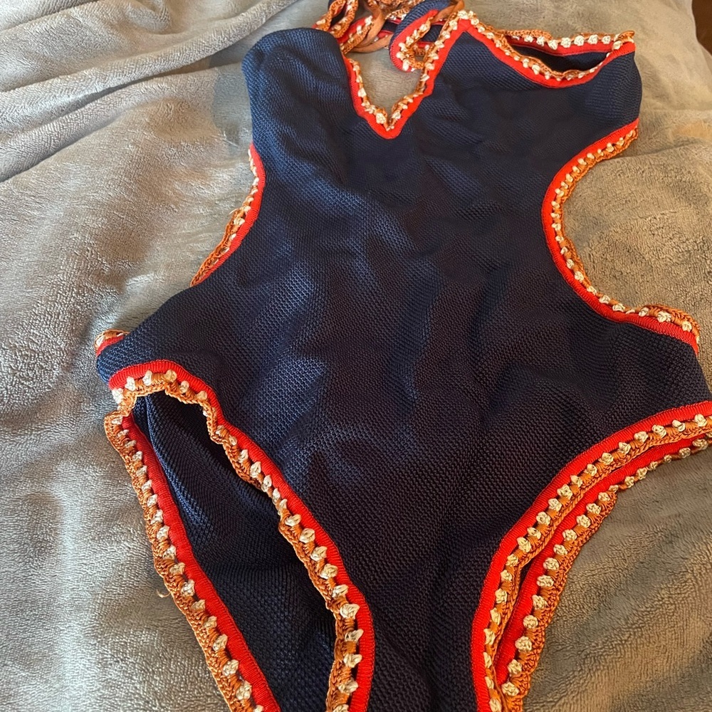 SOLID & STRIPED Navy and Red Swimwear